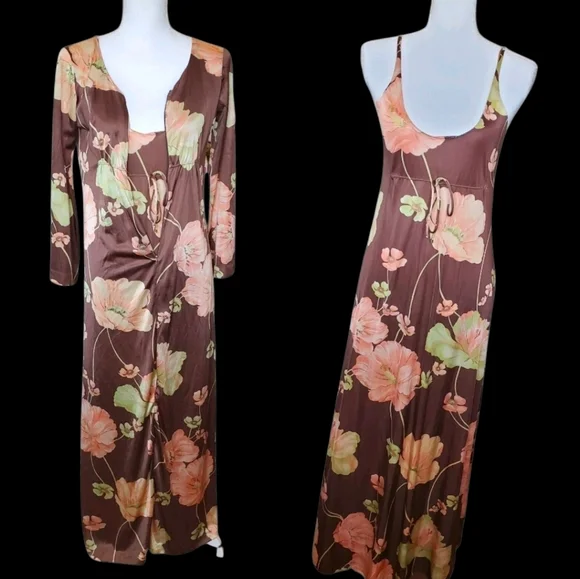 VTG Long Slip Babydoll Dress Brown 2 Pc Robe Set Peach Sz S Loungewear 70s Nylon - Picture 4 of 16